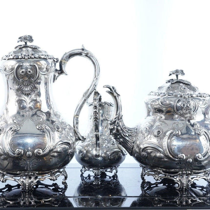 4pc Fanciest c1858 Antique Armorial Sterling Repousse tea set - Estate Fresh Austin