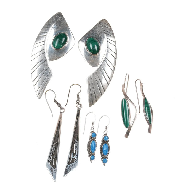 4pr Vintage long Southwestern/Native American sterling stud/dangle earring lot - Estate Fresh Austin