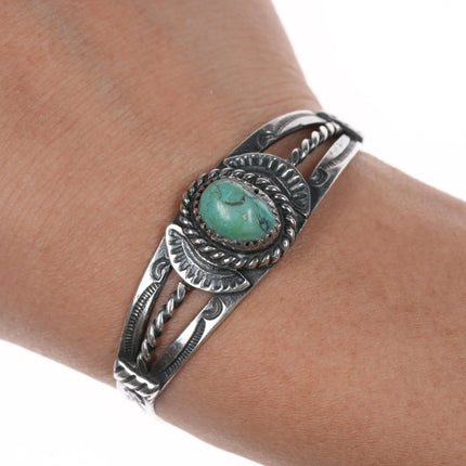 5 1/8" 1940's Navajo hand stamped silver cuff bracelet with turquoise - Estate Fresh Austin