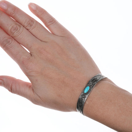 5 3/8" 30's-40's Fred Harvey Era Hand Stamped silver and turquoise cuff bracelet - Estate Fresh Austin