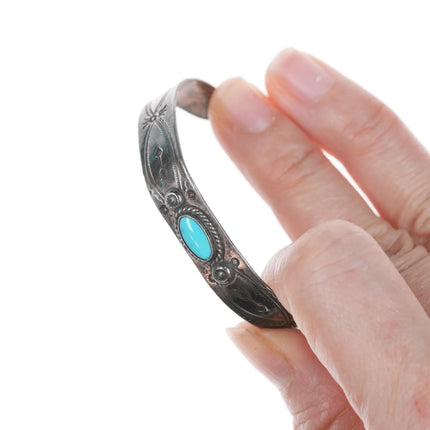 5 3/8" 30's-40's Fred Harvey Era Hand Stamped silver and turquoise cuff bracelet - Estate Fresh Austin