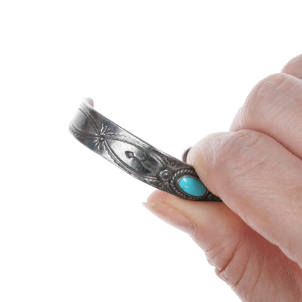 5 3/8" 30's-40's Fred Harvey Era Hand Stamped silver and turquoise cuff bracelet - Estate Fresh Austin