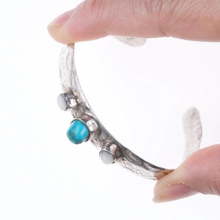 5 3/8" Navajo stamped silver - turquoise and mother of pearl bracelet - Estate Fresh Austin