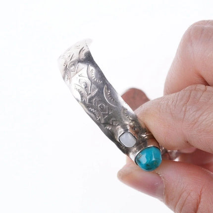 5 3/8" Navajo stamped silver - turquoise and mother of pearl bracelet - Estate Fresh Austin