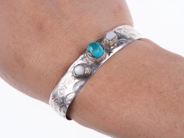 5 3/8" Navajo stamped silver - turquoise and mother of pearl bracelet - Estate Fresh Austin