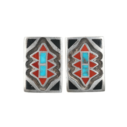 50's-60's Zuni Flush inlay Sterling Turquoise, Coral, and Jet modernist cufflinks - Estate Fresh Austin