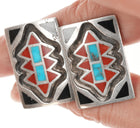 50's-60's Zuni Flush inlay Sterling Turquoise, Coral, and Jet modernist cufflinks - Estate Fresh Austin
