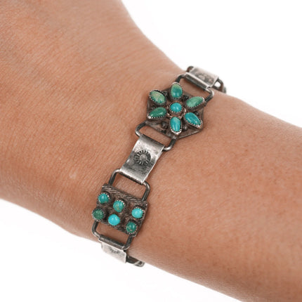 5.25" 30's-40's CG Wallace Era Zuni silver link bracelet with turquoise - Estate Fresh Austin