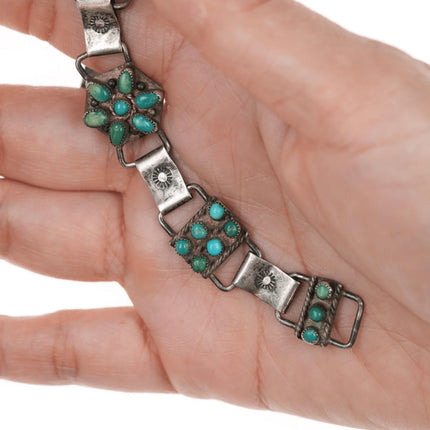 5.25" 30's-40's CG Wallace Era Zuni silver link bracelet with turquoise - Estate Fresh Austin