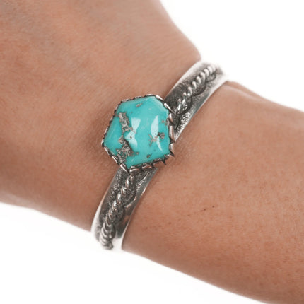 5.5" Vintage Native American slim sterling cuff bracelet with turquoise - Estate Fresh Austin
