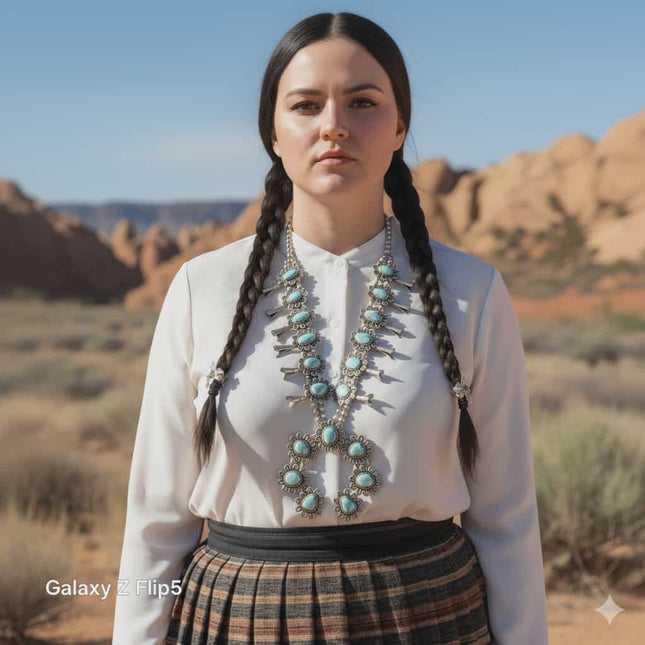 Large/Heavy Wb Navajo sterling silver turquoise squash blossom necklace
