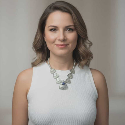 Alfred Joe Navajo Sterling silver lapis beaded necklace shadowbox/overlay design