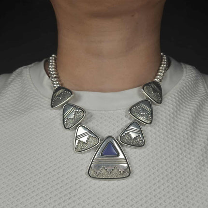 Alfred Joe Navajo Sterling silver lapis beaded necklace shadowbox/overlay design