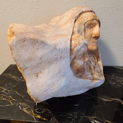 56 pound Native American Carved Alabaster Sculpture of Buffalo Robe by D Hales 1 - Estate Fresh Austin