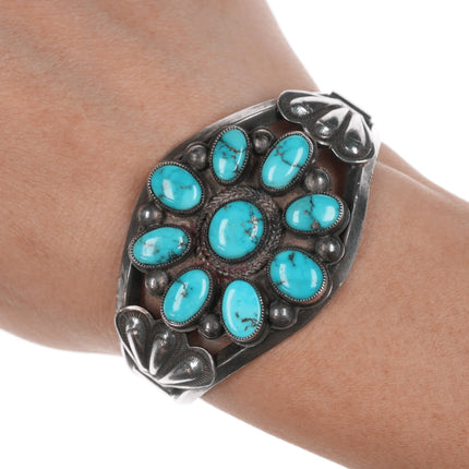 5.75" 30's-40's Navajo silver cluster turquoise cuff bracelet - Estate Fresh Austin
