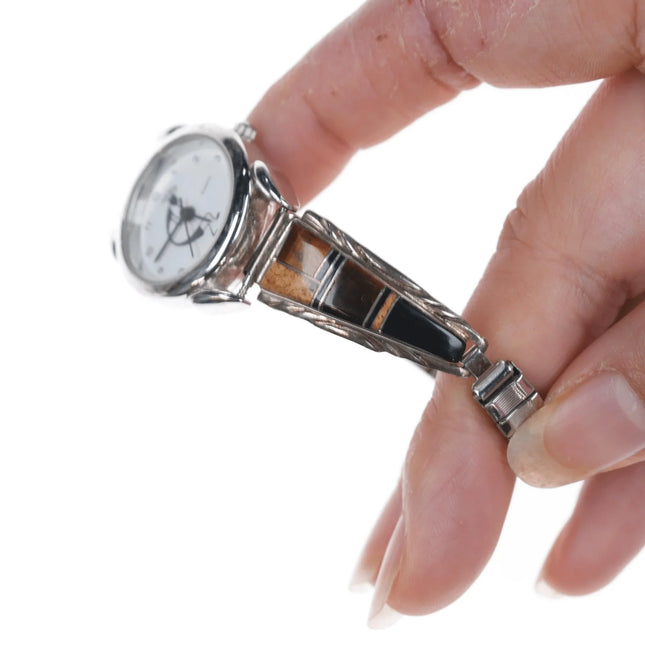 5.75-6.5" Francisco Navajo Channel inlay sterling cat's eye petrified wood watch tips - Estate Fresh Austin