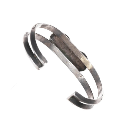 5.75" c1920's Navajo ingot silver cuff double shank stamped cuff bracelet with turquoise - Estate Fresh Austin