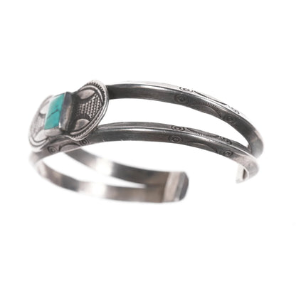 5.75" c1920's Navajo ingot silver cuff double shank stamped cuff bracelet with turquoise - Estate Fresh Austin