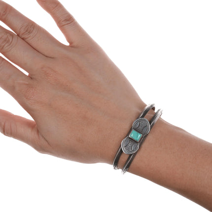 5.75" c1920's Navajo ingot silver cuff double shank stamped cuff bracelet with turquoise - Estate Fresh Austin