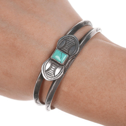 5.75" c1920's Navajo ingot silver cuff double shank stamped cuff bracelet with turquoise - Estate Fresh Austin