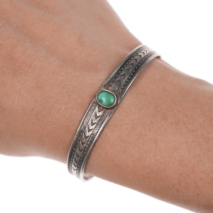 5.75" c1930's Navajo silver slim cuff bracelet with turquoise - Estate Fresh Austin