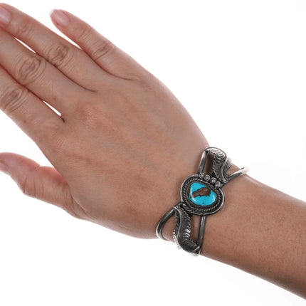 5.75" Vintage Navajo silver cuff bracelet with turquoise - Estate Fresh Austin