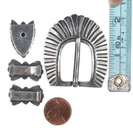 5/8" Taxco Sterling hand chiseled rocker engraved ranger belt buckle set - Estate Fresh Austin