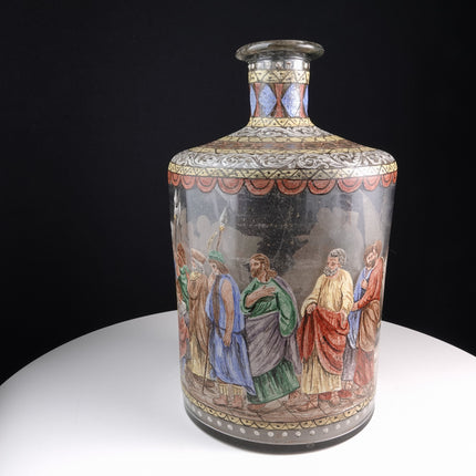 Antique Blown Glass Bottle with Hand Painted Scene