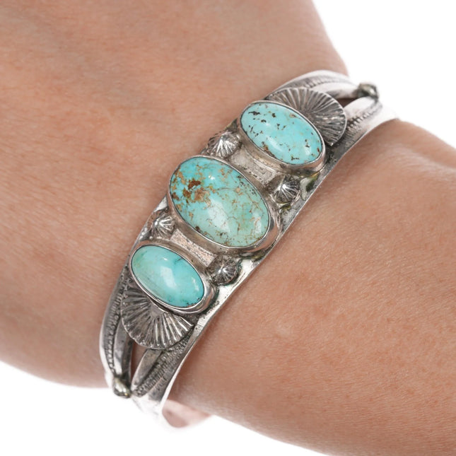 6.12" 1940's Navajo sterling 3 stone turquoise cuff bracelet - Estate Fresh Austin