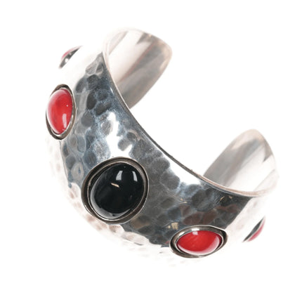 6.12" 1980's J Wright Southwestern modernist sterling onyx/red jasper cuff bracelet - Estate Fresh Austin