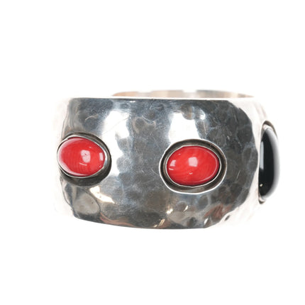 6.12" 1980's J Wright Southwestern modernist sterling onyx/red jasper cuff bracelet - Estate Fresh Austin