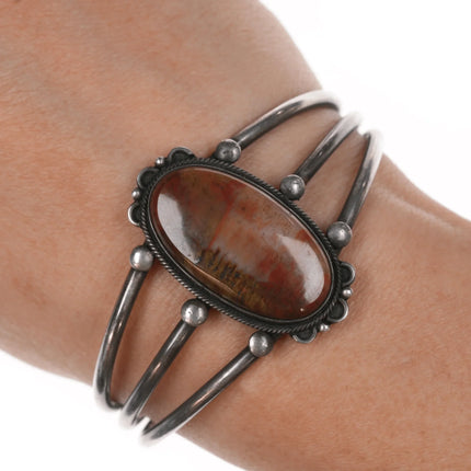 6.12" 30's-40's Native American silver petrified wood cuff bracelet - Estate Fresh Austin