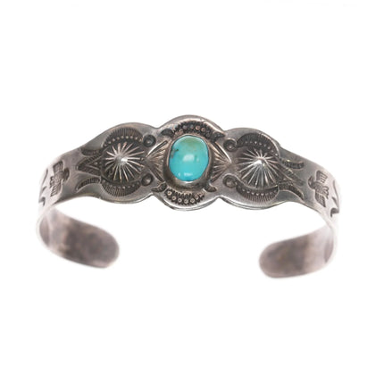 6.12" 30's-40's Navajo Hand stamped silver thunderbird cuff bracelet turquoise - Estate Fresh Austin