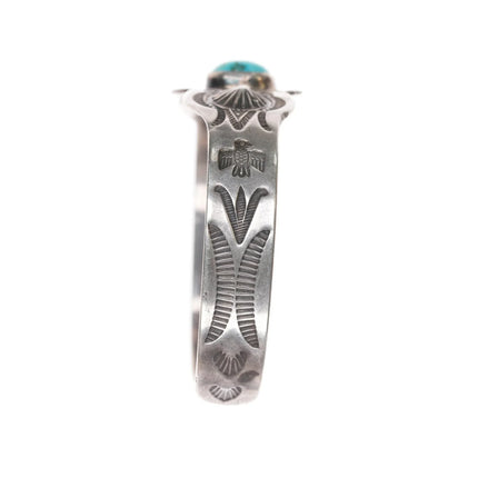 6.12" 30's-40's Navajo Hand stamped silver thunderbird cuff bracelet turquoise - Estate Fresh Austin