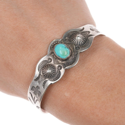 6.12" 30's-40's Navajo Hand stamped silver thunderbird cuff bracelet turquoise - Estate Fresh Austin