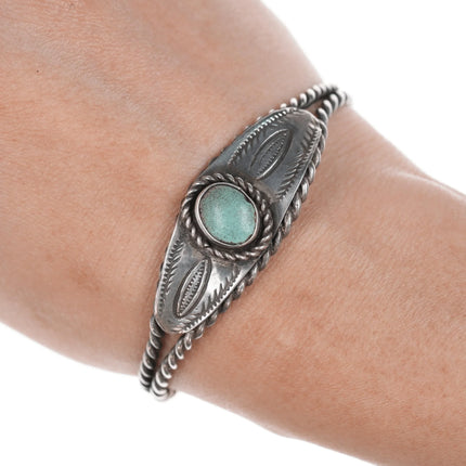 6.12" 30's-40's Navajo Silver twisted wire hand stamped cuff bracelet with turquoise - Estate Fresh Austin