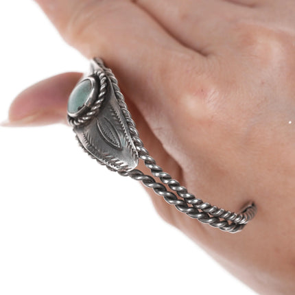 6.12" 30's-40's Navajo Silver twisted wire hand stamped cuff bracelet with turquoise - Estate Fresh Austin