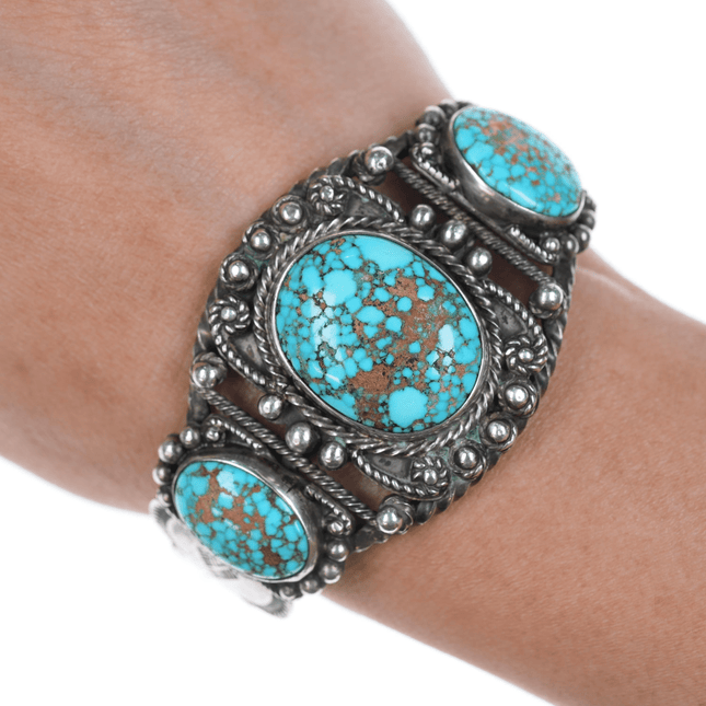 6 1/8" 30's - 40's Navajo Snake stamped High grade turquoise cuff bracelet - Estate Fresh Austin