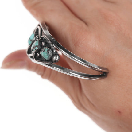 6.12" 50's-60's Native American silver turquoise row cuff bracelet - Estate Fresh Austin