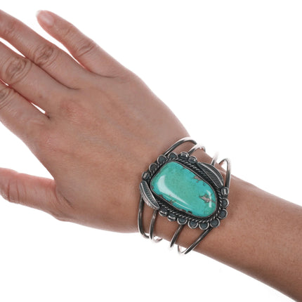 6.12" 60's Navajo silver cuff bracelet with turquoise - Estate Fresh Austin