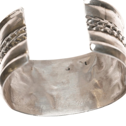 6.12" Alice Leekya Homer Zuni silver, turquoise and coral fishscale inlay cuff bracelet - Estate Fresh Austin