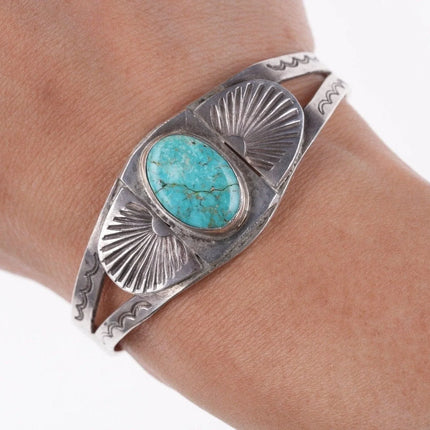 6.12" c1930's Ingot Silver Navajo bracelet with turquoise - Estate Fresh Austin