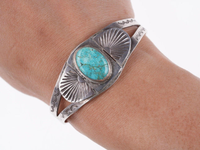 6 1/8" c1930's Ingot Silver Navajo bracelet with turquoise - Estate Fresh Austin