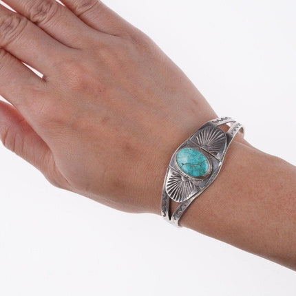 6.12" c1930's Ingot Silver Navajo bracelet with turquoise - Estate Fresh Austin