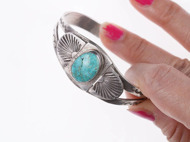 6.12" c1930's Ingot Silver Navajo bracelet with turquoise - Estate Fresh Austin