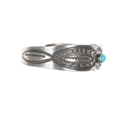 6.12" c1930's Native American intricately stamped cuff bracelet with turquoise - Estate Fresh Austin
