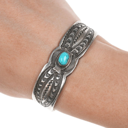 6.12" c1930's Native American intricately stamped cuff bracelet with turquoise - Estate Fresh Austin