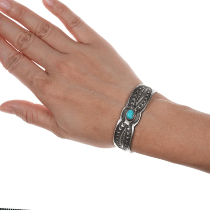 6.12" c1930's Native American intricately stamped cuff bracelet with turquoise - Estate Fresh Austin