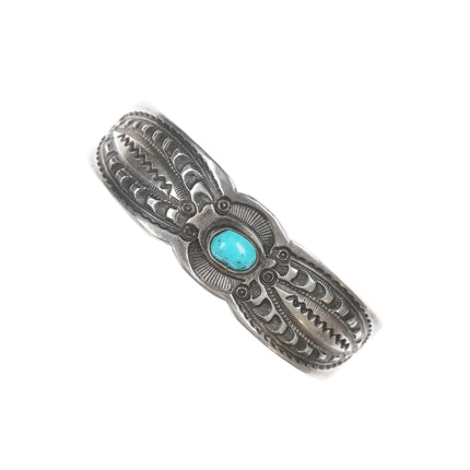 6.12" c1930's Native American intricately stamped cuff bracelet with turquoise - Estate Fresh Austin