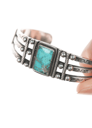 6 1/8" c1930's Navajo Ingot Silver triple shank turquoise cuff bracelet - Estate Fresh Austin